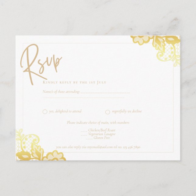 GOLD LACE Budget All-in1 Wedding IINVITE RSVP Postcard (Front)