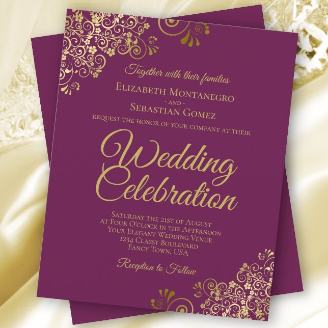 Gold Lace BUDGET Cassis Purple Wedding Invitation (Creator Uploaded)