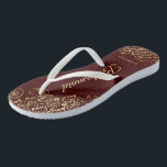 Gold Lace Burgundy Brown Bridesmaid Wedding Jandals<br><div class="desc">These elegant wedding flip flops are a great way to thank and recognise your bridesmaids, while giving their feet a rest after a long day. The beautiful design features an elegant design with golden lace frills on a burgundy brown or auburn coloured background and fancy gold coloured script lettering. The...</div>