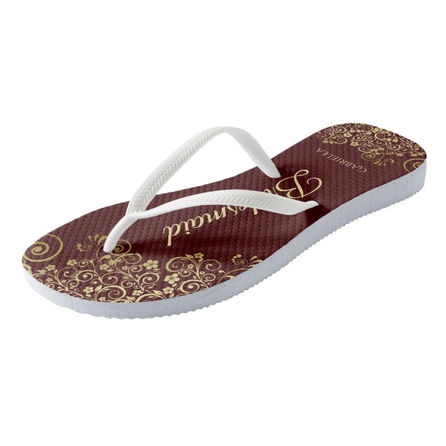 Gold Lace Burgundy Brown Bridesmaid Wedding Jandals (Angled)