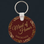 Gold Lace & Burgundy Elegant Maid of Honour Weddin Key Ring<br><div class="desc">This beautiful key chain is designed as a wedding gift or favour for the Maid of Honour. It features a burgundy red background, a gold faux foil lace border and the text "Maid of Honour" as well as a place to enter her name. Beautiful way to thank her for being...</div>