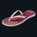 Gold Lace Burgundy Maroon Bridesmaid Wedding Jandals<br><div class="desc">These elegant wedding flip flops are a great way to thank and recognize your bridesmaids, while giving their feet a rest after a long day. The beautiful design features an elegant design with golden lace frills on a burgundy, maroon, or wine red colored background and fancy gold colored script lettering....</div>