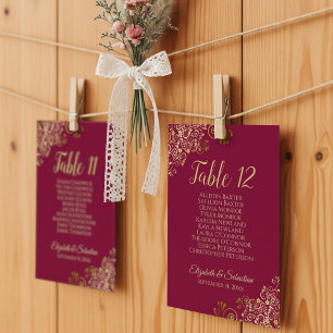 Gold Lace Burgundy Wedding Table Number & 10 Names