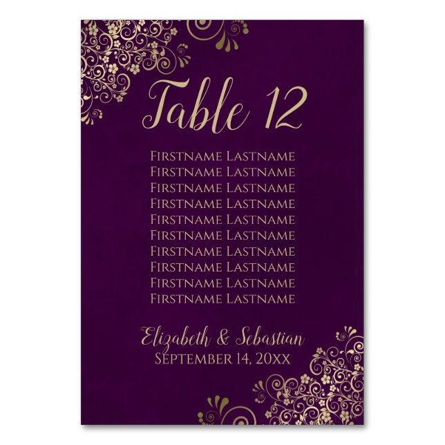 Gold Lace Chic Plum Purple Wedding Seating Chart Table Number (Front)