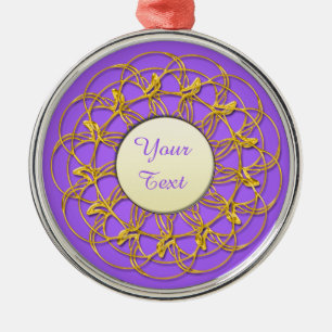 Gold Lace Circle White Circle With Text on Purple Metal Tree Decoration