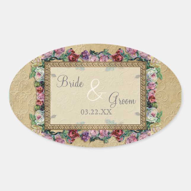 Gold & Lace Classic Formal Elegant Wedding Invite Oval Sticker (Front)