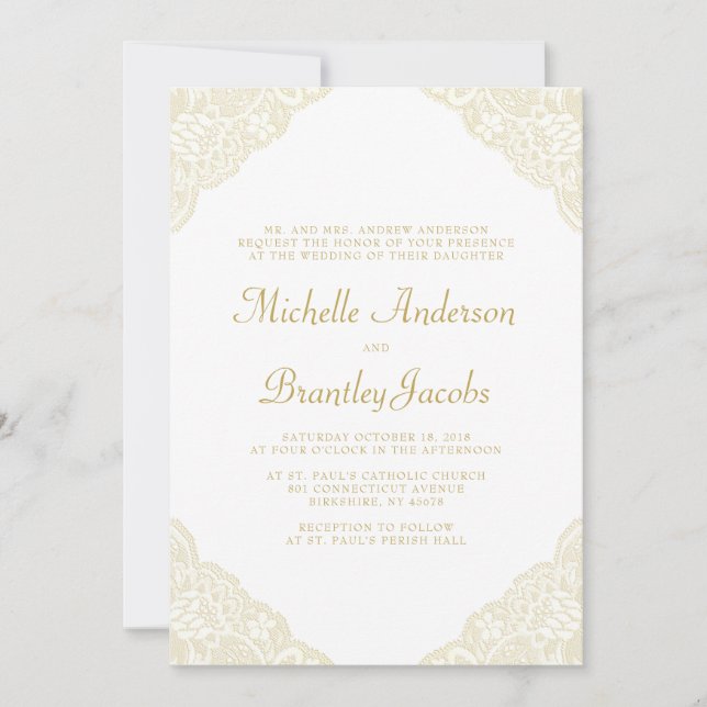 Gold Lace Corners Elegant Wedding Invitation (Front)