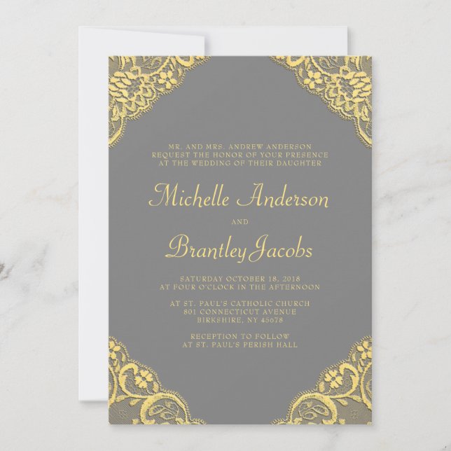Gold Lace Corners Elegant Wedding Invitation Grey (Front)