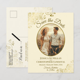 Gold Lace & Cream Wedding Save the Date Oval Photo Announcement Postcard