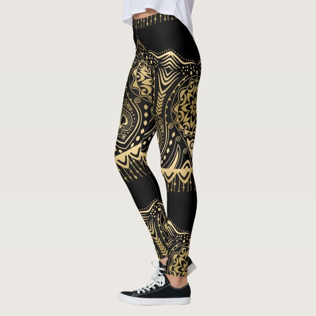Gold Lace Design Black Background Leggings (Left)