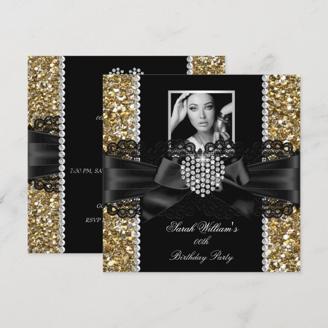 Gold Lace Diamond Heart Photo Birthday Party Invitation (Front/Back)