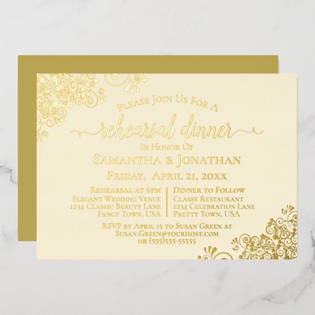 Gold Lace Elegant Cream Wedding Rehearsal Dinner (Front/Back)