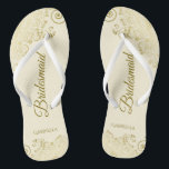 Gold Lace Elegant Ivory Cream Bridesmaid Wedding Jandals<br><div class="desc">These elegant wedding flip flops are a great way to thank and recognise your bridesmaids, while giving their feet a rest after a long day. The beautiful design features an elegant design with golden lace frills on an ivory or cream coloured background and fancy gold coloured script lettering. The text...</div>