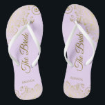 Gold Lace Elegant Lilac Purple Bridesmaid Wedding Jandals<br><div class="desc">These elegant wedding flip flops are a great way to thank and recognise your bridesmaids, while giving their feet a rest after a long day. The beautiful design features an elegant design with golden lace frills on a pale purple, lavender, or lilac coloured background and fancy gold coloured script lettering....</div>