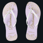 Gold Lace Elegant Lilac Purple Bridesmaid Wedding Jandals<br><div class="desc">These elegant wedding flip flops are a great way to thank and recognise your bridesmaids, while giving their feet a rest after a long day. The beautiful design features an elegant design with golden lace frills on a lilac, lavender, or pale purple coloured background and fancy gold coloured script lettering....</div>