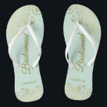 Gold Lace Elegant Mint Green Bridesmaid Wedding Jandals<br><div class="desc">These elegant wedding flip flops are a great way to thank and recognise your bridesmaids, while giving their feet a rest after a long day. The beautiful design features an elegant design with golden lace frills on a pale neo mint green coloured background and fancy gold coloured script lettering. The...</div>