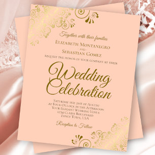 Gold Lace Elegant Peach Budget Wedding Invitation