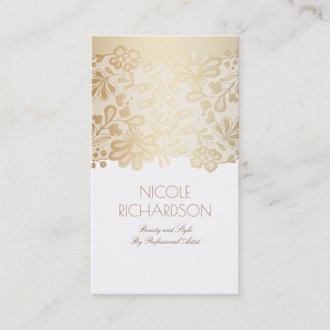 Gold Lace Elegant Vintage White Business Card (Front)