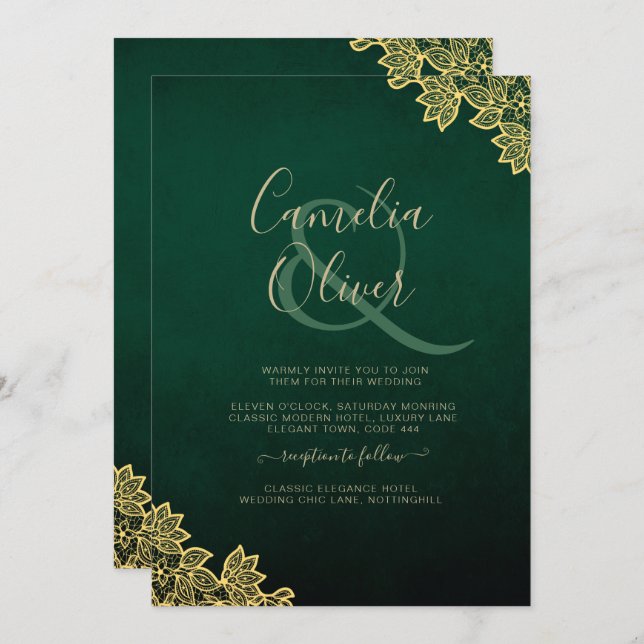 Gold Lace Emerald Green All-in-1 Wedding Invite QR (Front/Back)