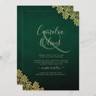 Gold Lace Emerald Green All-in-1 Wedding Invite QR