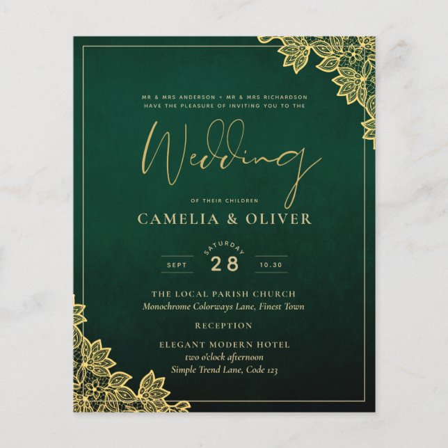 Gold Lace Emerald Green All-in-1 Wedding Invite QR (Front)