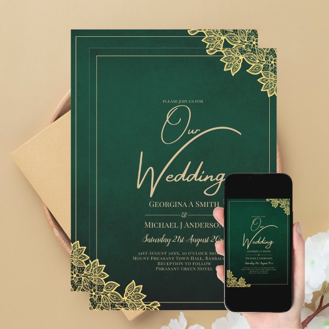 Gold Lace Emerald Green All-in-1 Wedding Invite QR (Creator Uploaded)