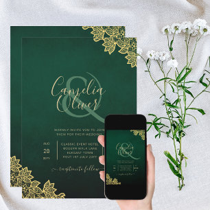 Gold Lace Emerald Green All-in-1 Wedding Invite QR