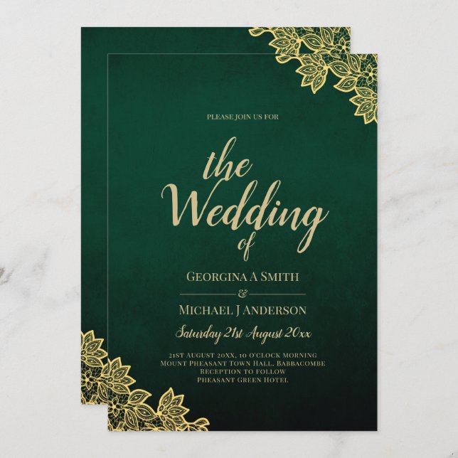 Gold Lace Emerald Green All-in-1 Wedding Invite QR (Front/Back)