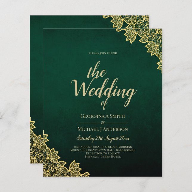 Gold Lace Emerald Green All-in-1 Wedding Invite QR (Front/Back)