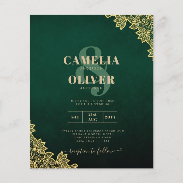 Gold Lace Emerald Green All-in-1 Wedding Invite QR Flyer (Front)