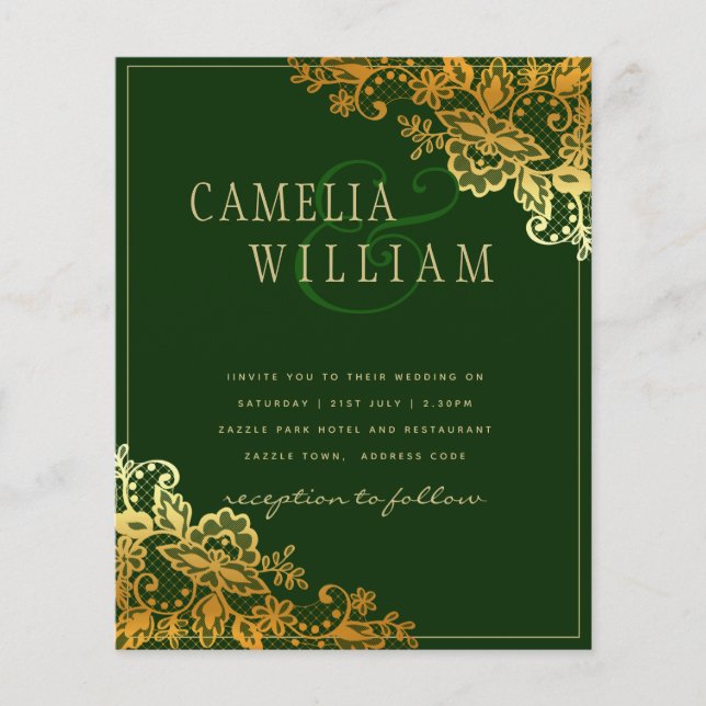 Gold Lace Emerald Green Wedding Invitations Budget Flyer (Front)