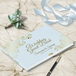 Gold Lace Filigree on Powder Blue Elegant Wedding Guest Book<br><div class="desc">This elegant guest book will serve as a special memento of your wedding day. It features a simple yet elegant design with frilly and ornate faux foil gold filigree with chic script lettering on a pale powder blue background.</div>