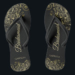 Gold Lace Frills Elegant Black Bridesmaid Wedding Jandals<br><div class="desc">These elegant wedding flip flops are a great way to thank and recognise your bridesmaids, while giving their feet a rest after a long day. The beautiful design features an elegant design with golden lace frills on a classic black background and fancy gold coloured script lettering. The text reads Bridesmaid...</div>