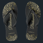Gold Lace Frills Elegant Black Bridesmaid Wedding Jandals<br><div class="desc">These elegant wedding flip flops are a great way to thank and recognise your bridesmaids, while giving their feet a rest after a long day. The beautiful design features an elegant design with golden lace frills on a classic black background and fancy gold coloured script lettering. The text reads Bridesmaid...</div>