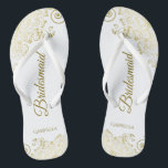 Gold Lace Frills Elegant White Bridesmaid Wedding Jandals<br><div class="desc">These elegant wedding flip flops are a great way to thank and recognise your bridesmaids, while giving their feet a rest after a long day. The beautiful design features an elegant design with golden lace frills on a white background and fancy gold coloured script lettering. The text reads Bridesmaid with...</div>