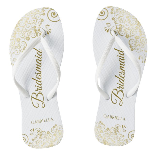 Gold Lace Frills Elegant White Bridesmaid Wedding Jandals (Footbed)