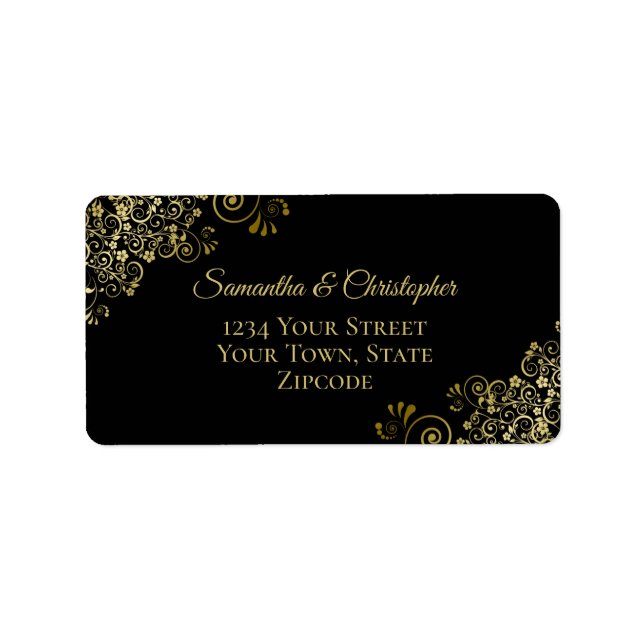 Gold Lace Frills on Black Elegant Wedding Address Label (Front)