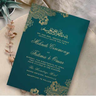 Gold Lace Green Islamic Muslim Mehndi Ceremony Invitation