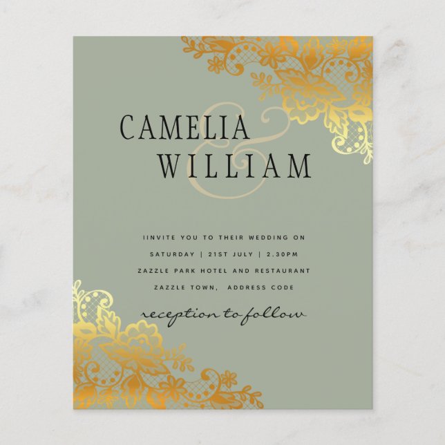 Gold Lace Green Wedding Invitations Budget Flyer (Front)