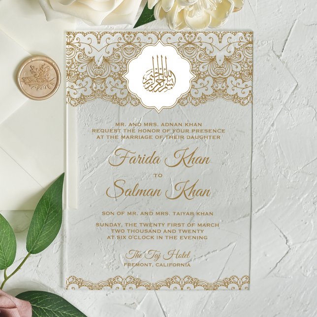 Gold Lace Islamic Muslim Wedding Acrylic Invitations (Creator Uploaded)