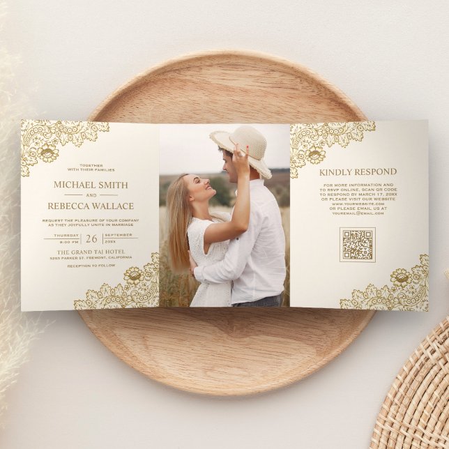 Gold Lace Ivory Cream Photo QR Code Wedding Tri-Fold Invitation (Creator Uploaded)
