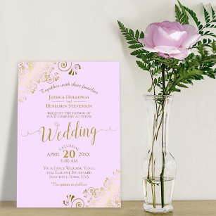 Gold Lace Lilac Purple Elegant Calligraphy Wedding Invitation