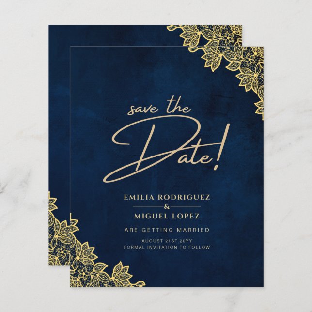 Gold Lace Navy Blue All-in-1 Wedding Invites QR Co (Front/Back)