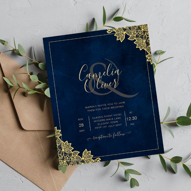 Gold Lace Navy Blue All-in-1 Wedding Invites QR Co (Creator Uploaded)