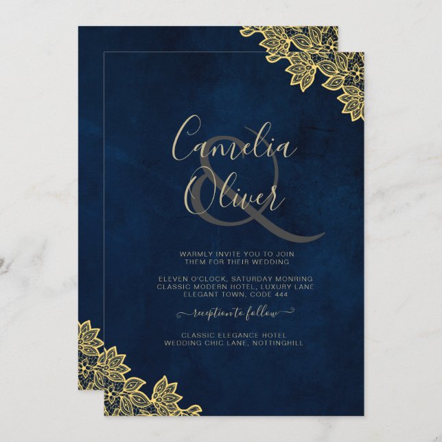 Gold Lace Navy Blue All-in-1 Wedding Invites QR Co (Front/Back)