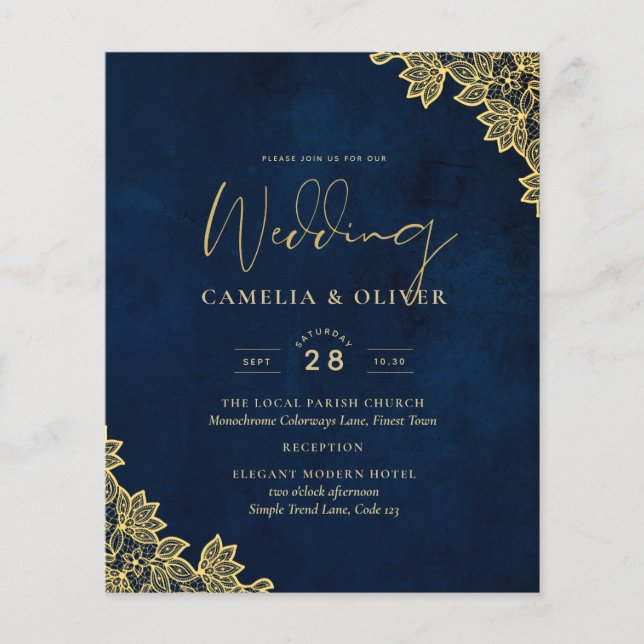 Gold Lace Navy Blue All-in-1 Wedding Invites QR Co Flyer (Front)