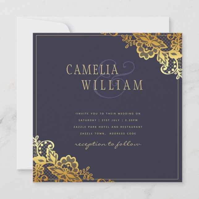 Gold Lace Navy Blue Wedding Invitations Budget (Front)