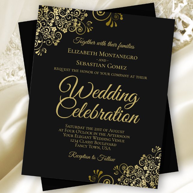 Gold Lace on Black Chic BUDGET Wedding Invitation (Creator Uploaded)