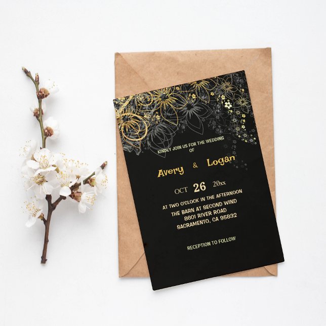 Gold Lace on Black Chic Wedding Invitation (Creator Uploaded)