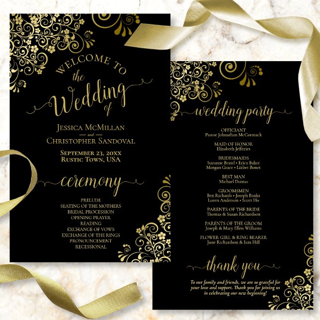 Gold Lace on Black Elegant Budget Wedding Program (Front and Back)